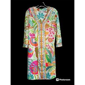 Gretchen Scott Dress Size Small Bordertown Tropical Print V Neck 3/4 Sleeves